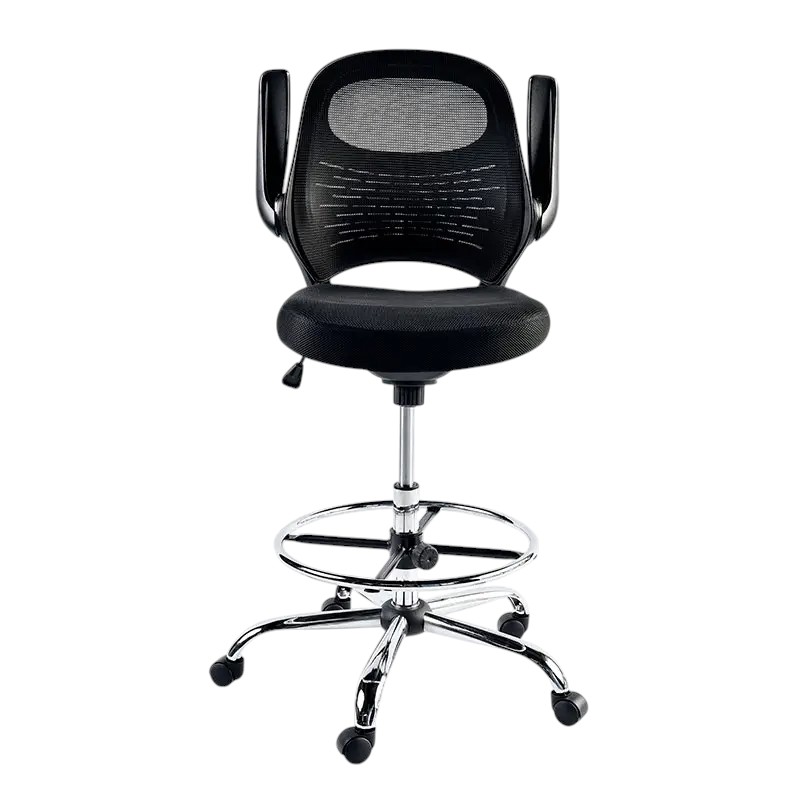 Silla tipo cajero con brazo abatible y base cromada
