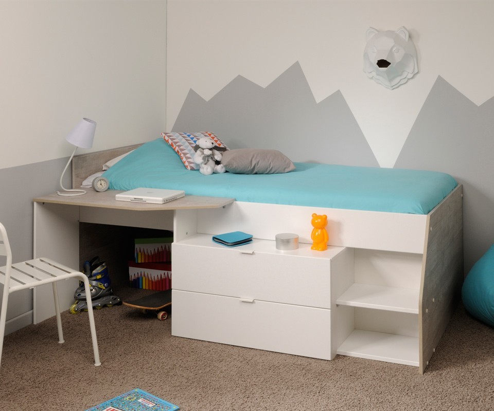 Cama para dormitorio de niño o niña con escritorio incorporado