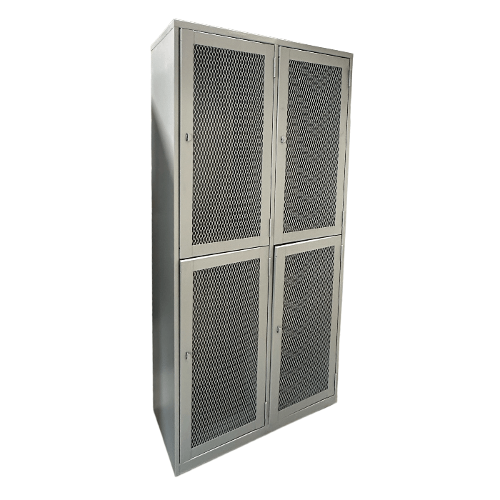 Locker metálico de 4 compartimentos con puertas de malla y aldabas